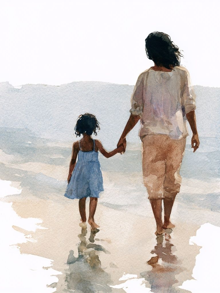 Mother and Child Beach Watercolor Poster. poster — illustration art