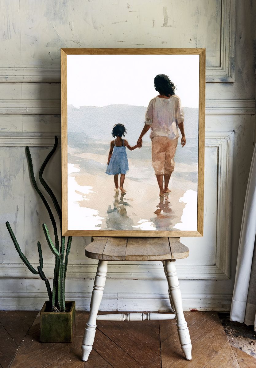 Mother and Child Beach Watercolor Poster. room preview