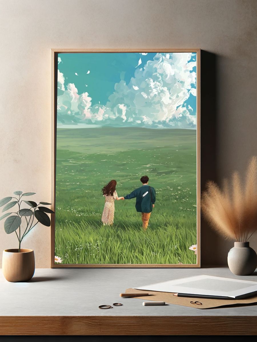 Couple in Meadow Illustration Poster. — room view 2