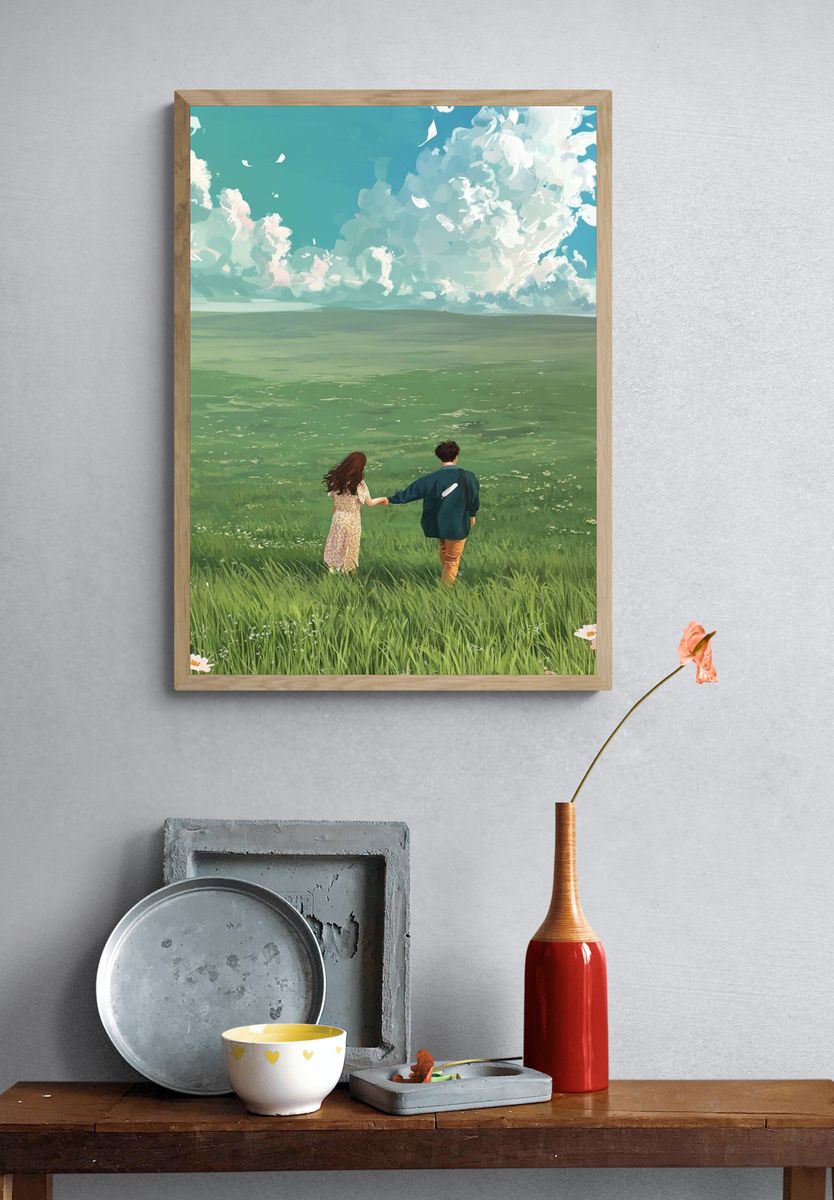 Couple in Meadow Illustration Poster. — room view 3