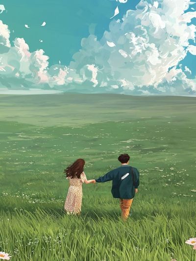 Couple in Meadow Illustration Poster.
