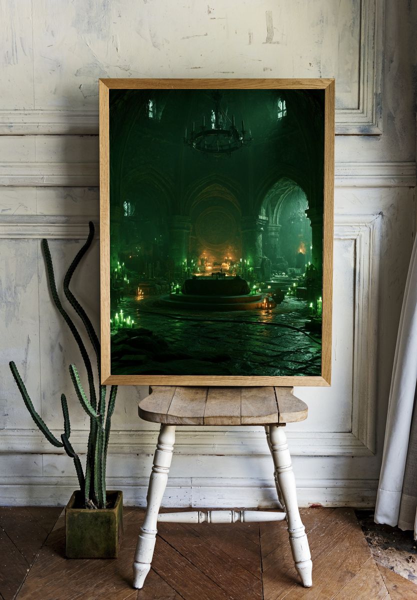Gothic Green Cathedral Fantasy Print. room preview