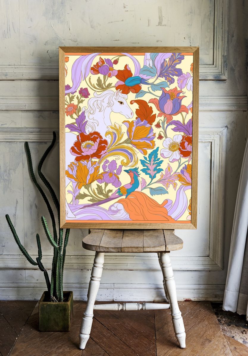 Floral Unicorn Illustration Poster. room preview
