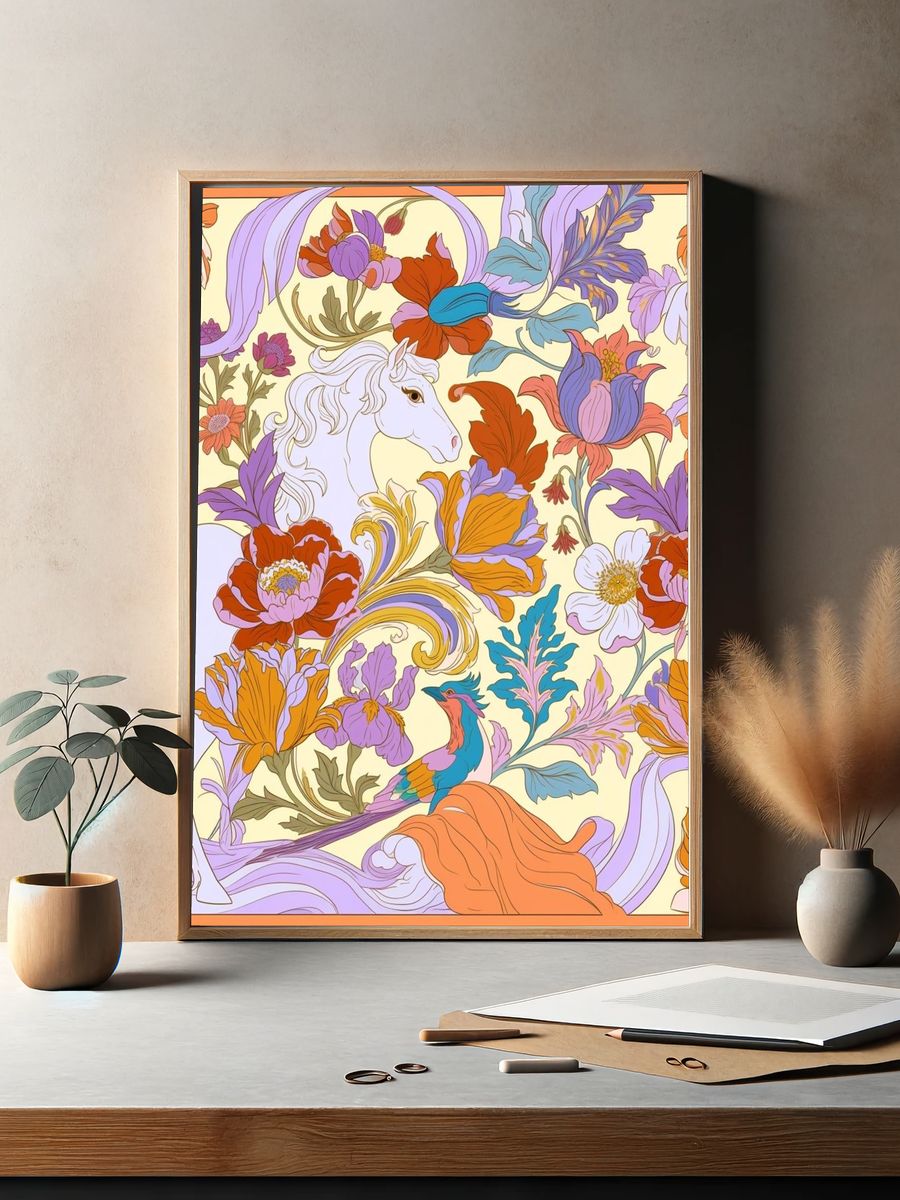 Floral Unicorn Illustration Poster. — room view 2