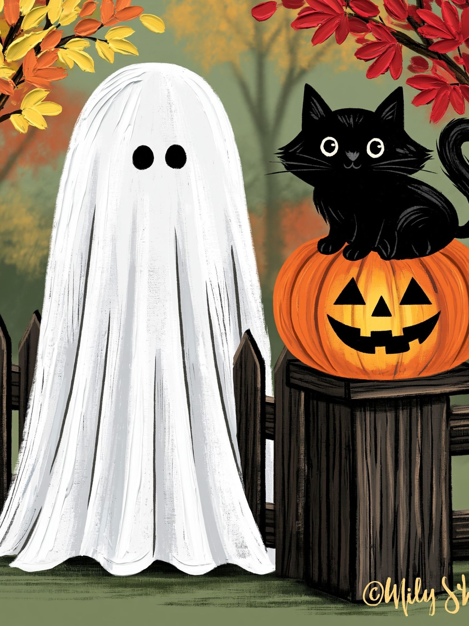 Halloween Ghost and Cat Illustration Poster. poster — illustration art
