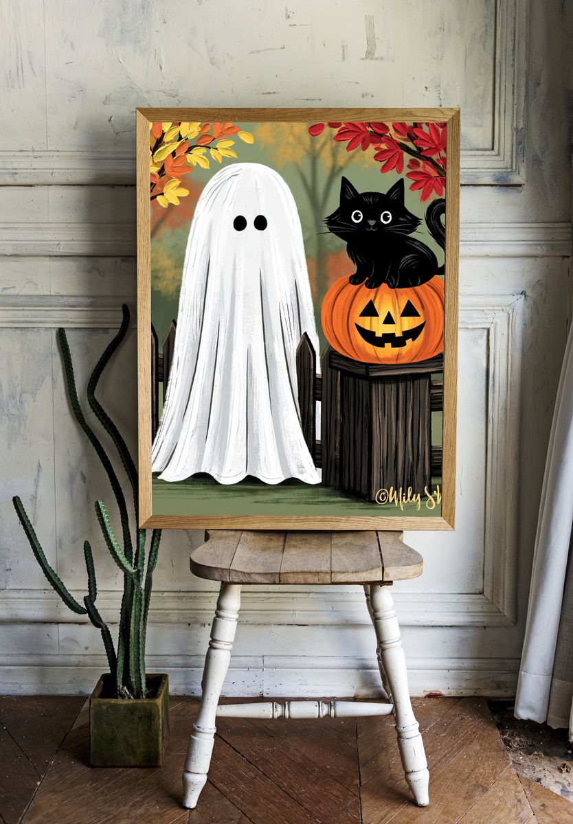 Halloween Ghost and Cat Illustration Poster. room preview