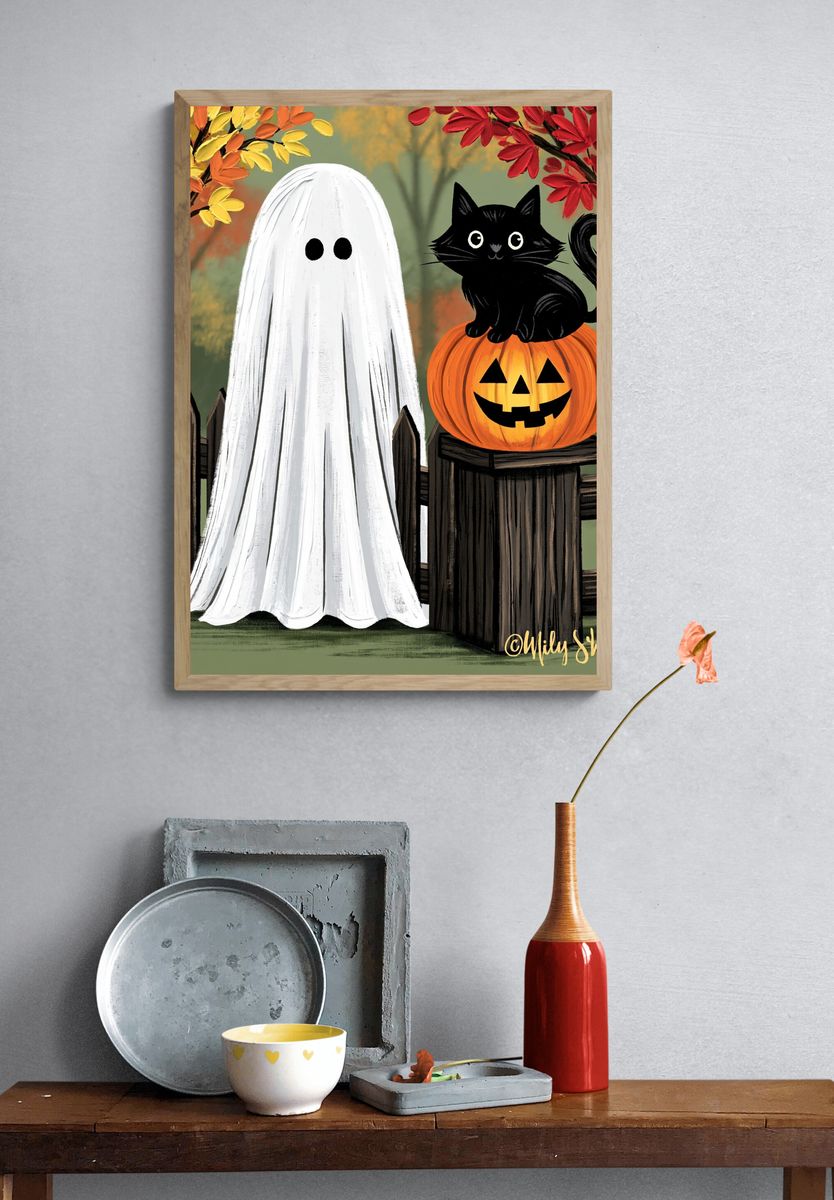 Halloween Ghost and Cat Illustration Poster. — room view 3