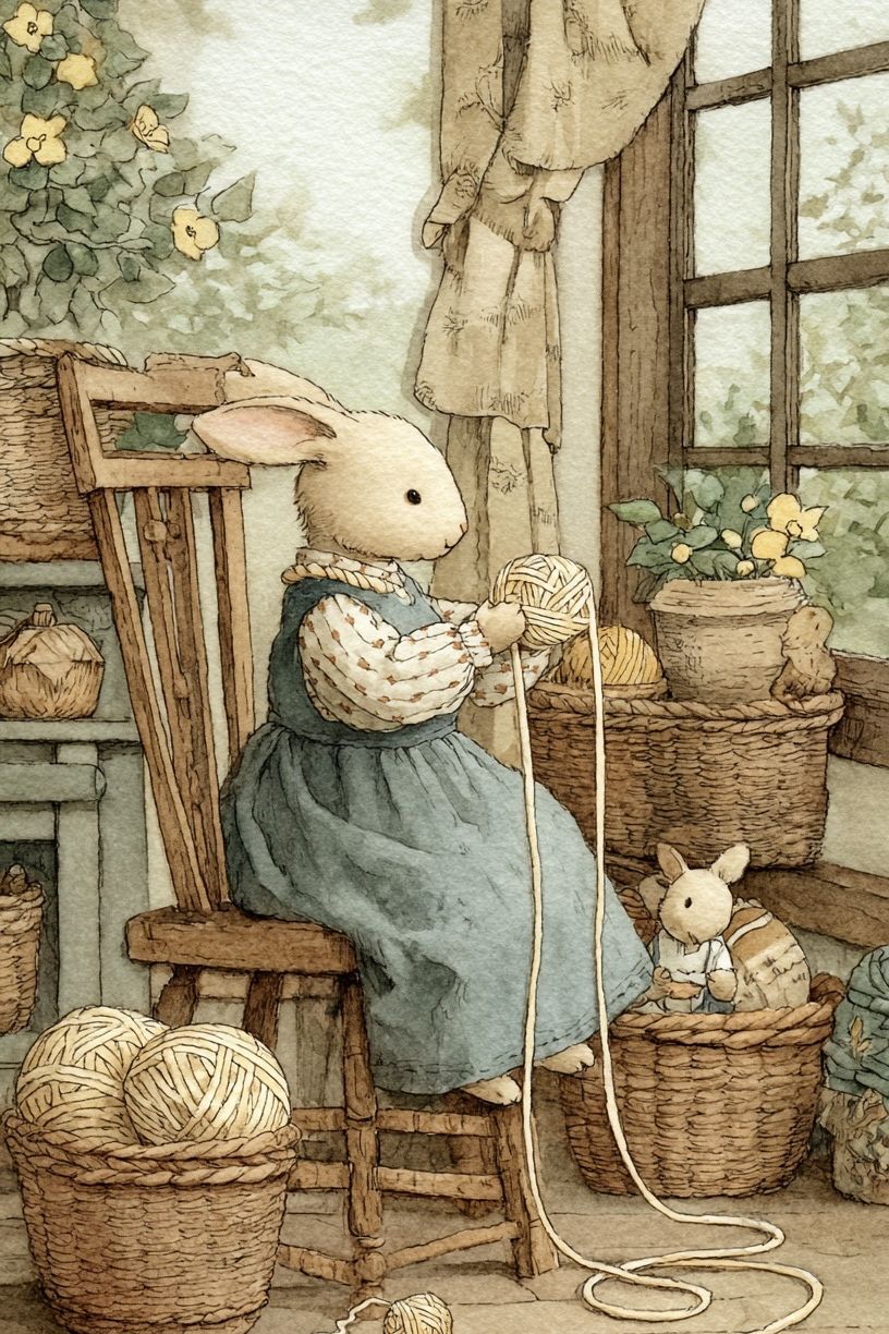Rabbit Knitting Watercolor Print. poster — illustration art