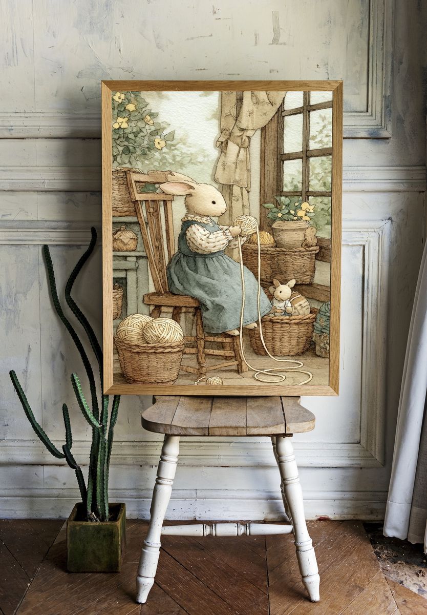 Rabbit Knitting Watercolor Print. — room view 1