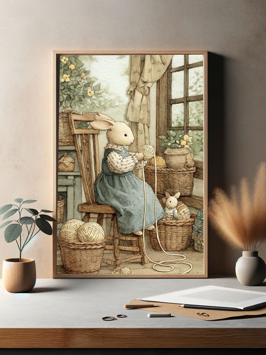 Rabbit Knitting Watercolor Print. — room view 2