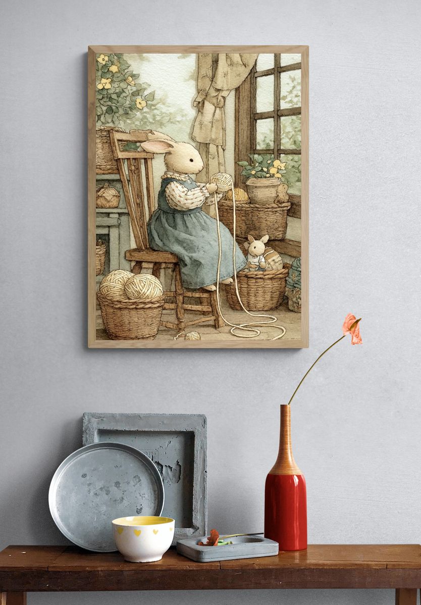 Rabbit Knitting Watercolor Print. — room view 3
