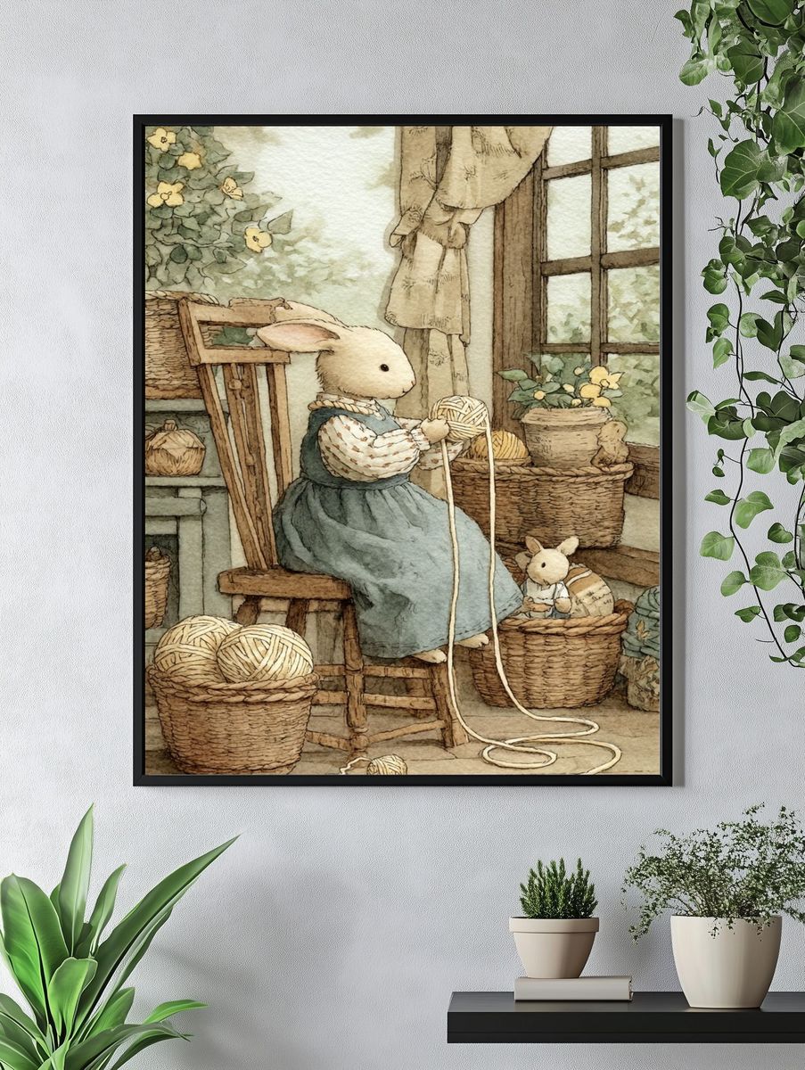 Rabbit Knitting Watercolor Print. — room view 4