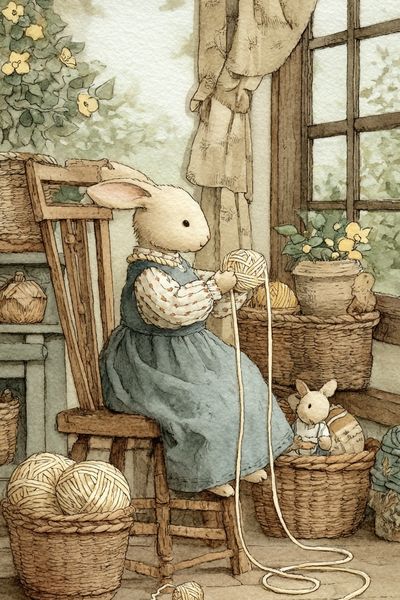Rabbit Knitting Watercolor Print.