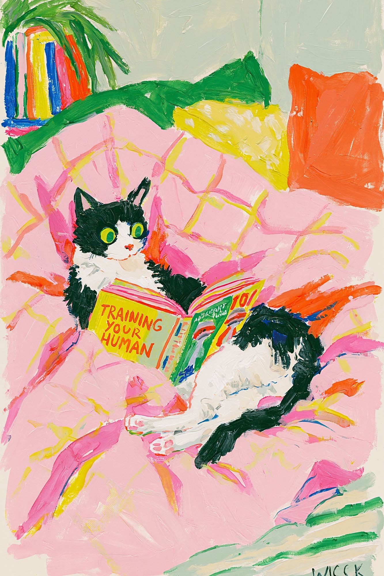 Cat Reading in Bed Illustration Poster. poster — illustration art
