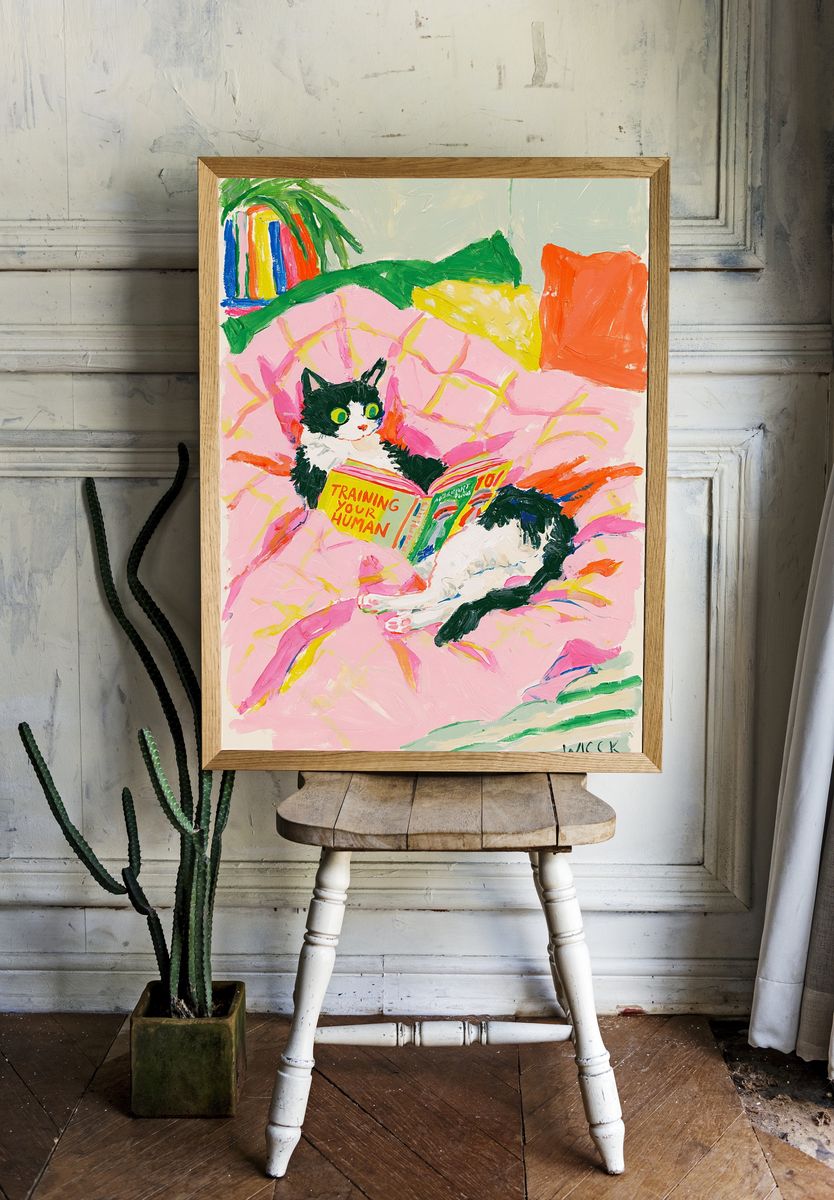 Cat Reading in Bed Illustration Poster. — room view 1