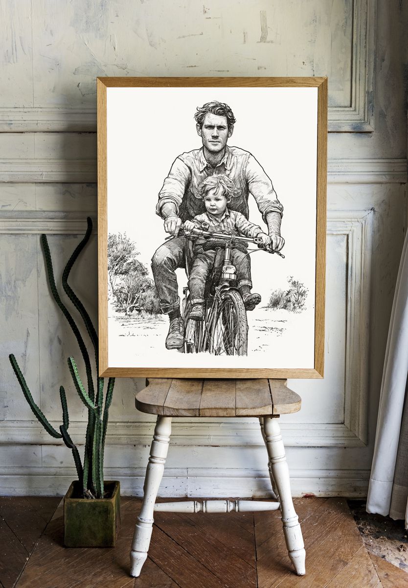 Father and Child Bicycle Sketch Poster. — room view 1