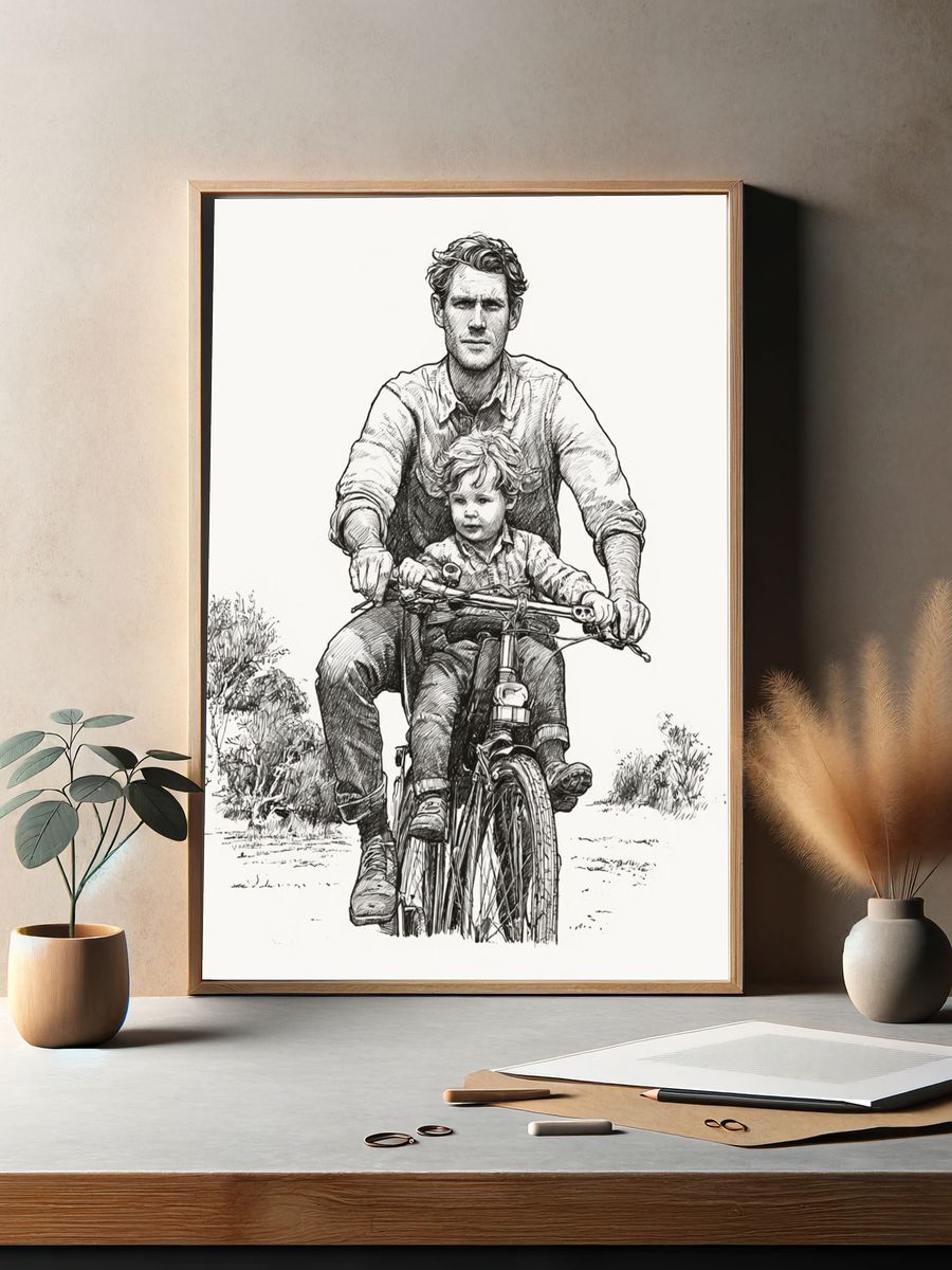 Father and Child Bicycle Sketch Poster. — room view 2