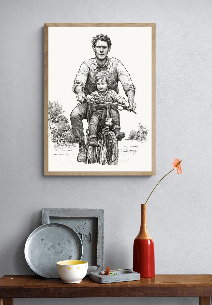 Father and Child Bicycle Sketch Poster. — room view 3