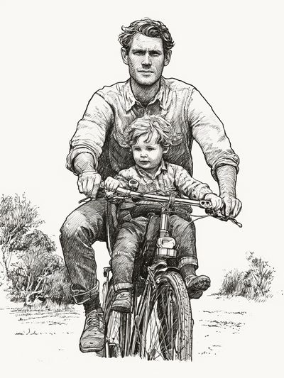 Father and Child Bicycle Sketch Poster.