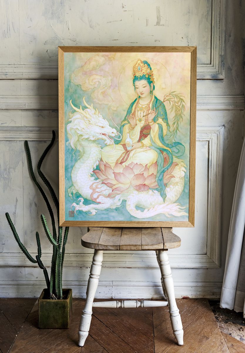 Guanyin and Dragon Watercolor Print. — room view 1