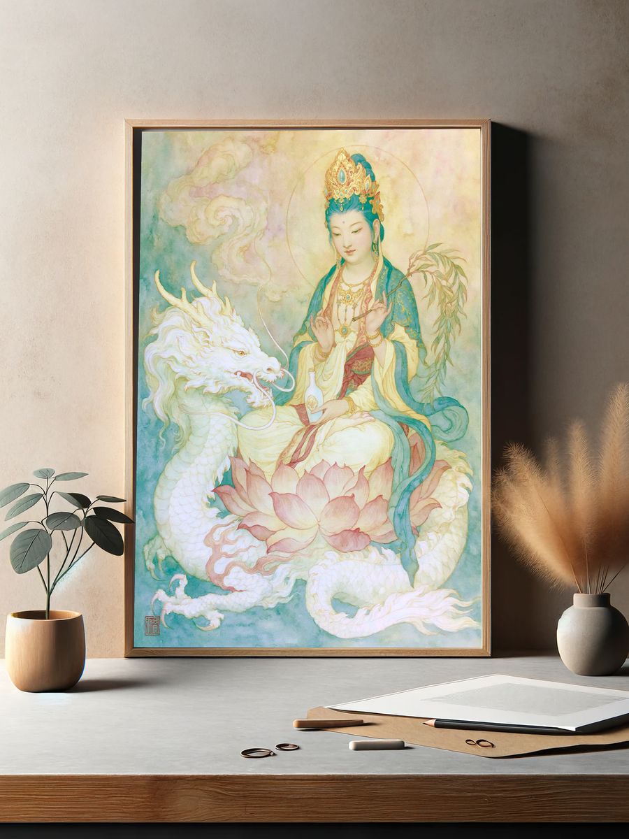 Guanyin and Dragon Watercolor Print. — room view 2