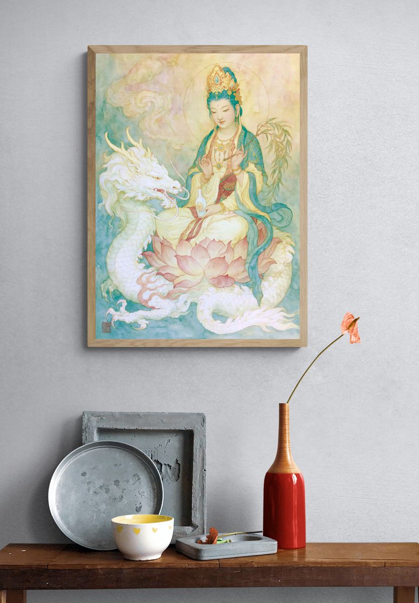 Guanyin and Dragon Watercolor Print. — room view 3