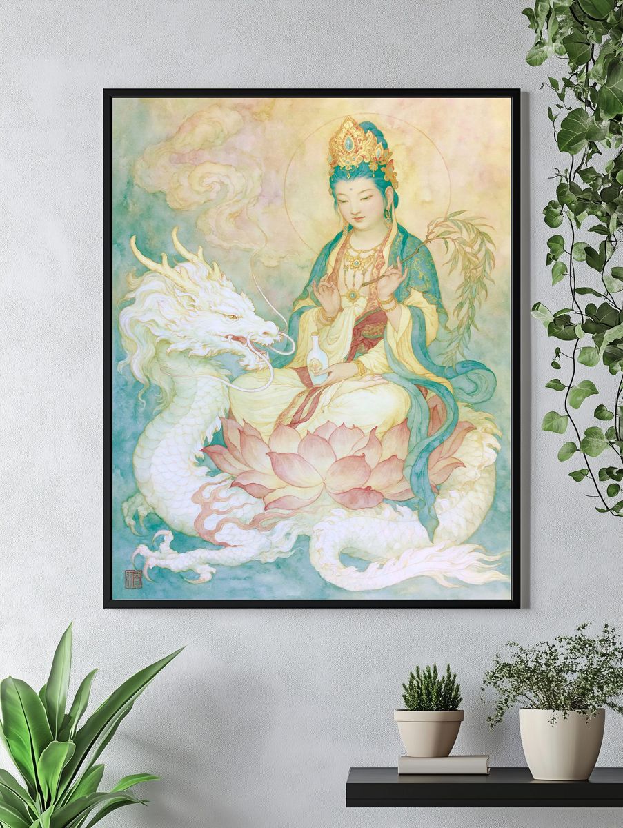Guanyin and Dragon Watercolor Print. — room view 4