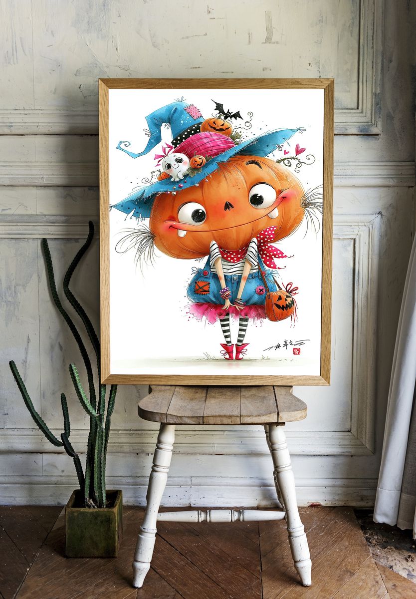Halloween Pumpkin Girl Illustration Poster. — room view 1