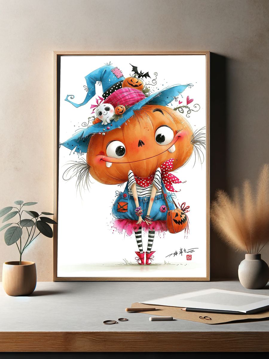Halloween Pumpkin Girl Illustration Poster. — room view 2
