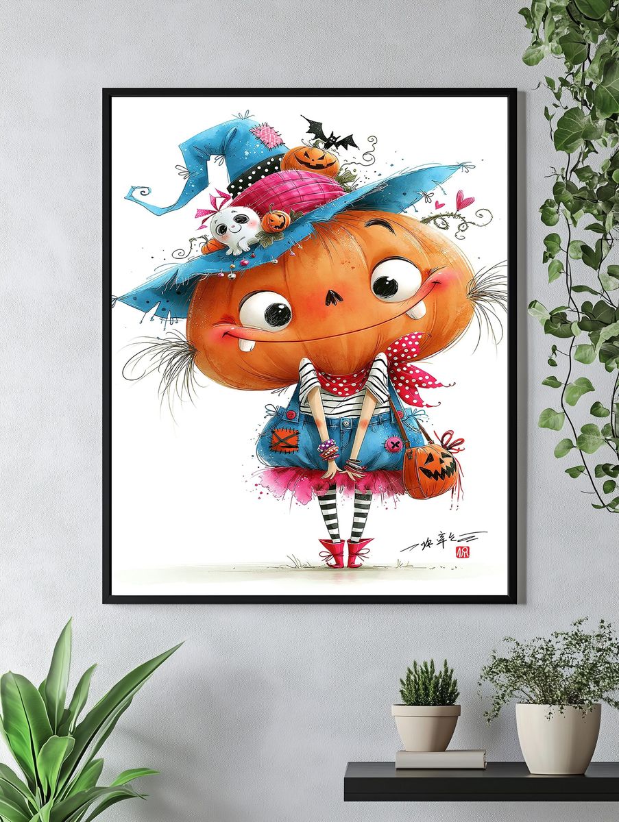 Halloween Pumpkin Girl Illustration Poster. — room view 4