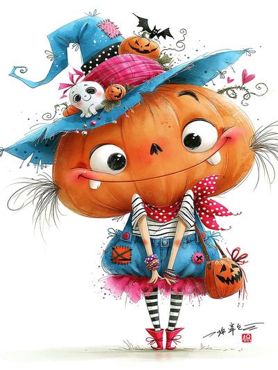 Halloween Pumpkin Girl Illustration Poster.