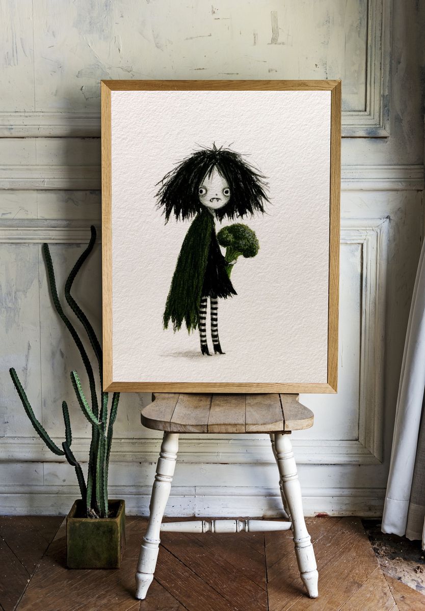 Gothic Girl with Broccoli Illustration Poster. room preview