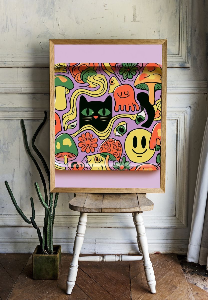 Whimsical Mushroom Cat Illustration Poster. room preview