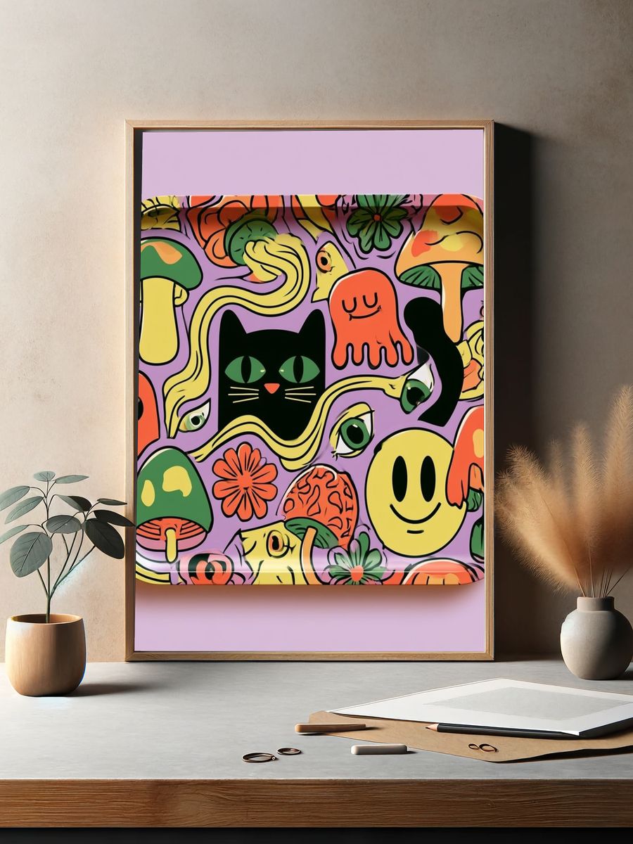 Whimsical Mushroom Cat Illustration Poster. — room view 2