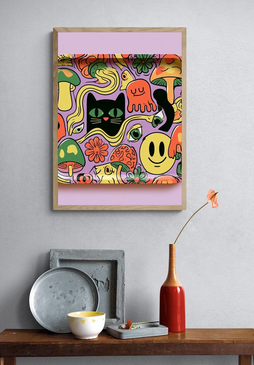 Whimsical Mushroom Cat Illustration Poster. — room view 3