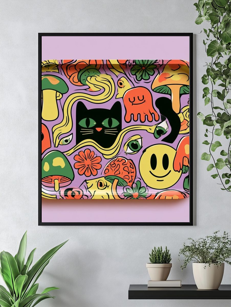 Whimsical Mushroom Cat Illustration Poster. — room view 4