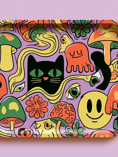 Whimsical Mushroom Cat Illustration Poster.