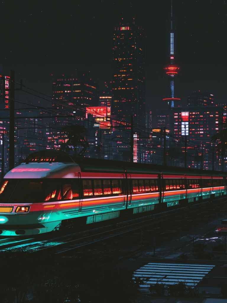 Neon City Train — Illustration Print. poster — illustration art