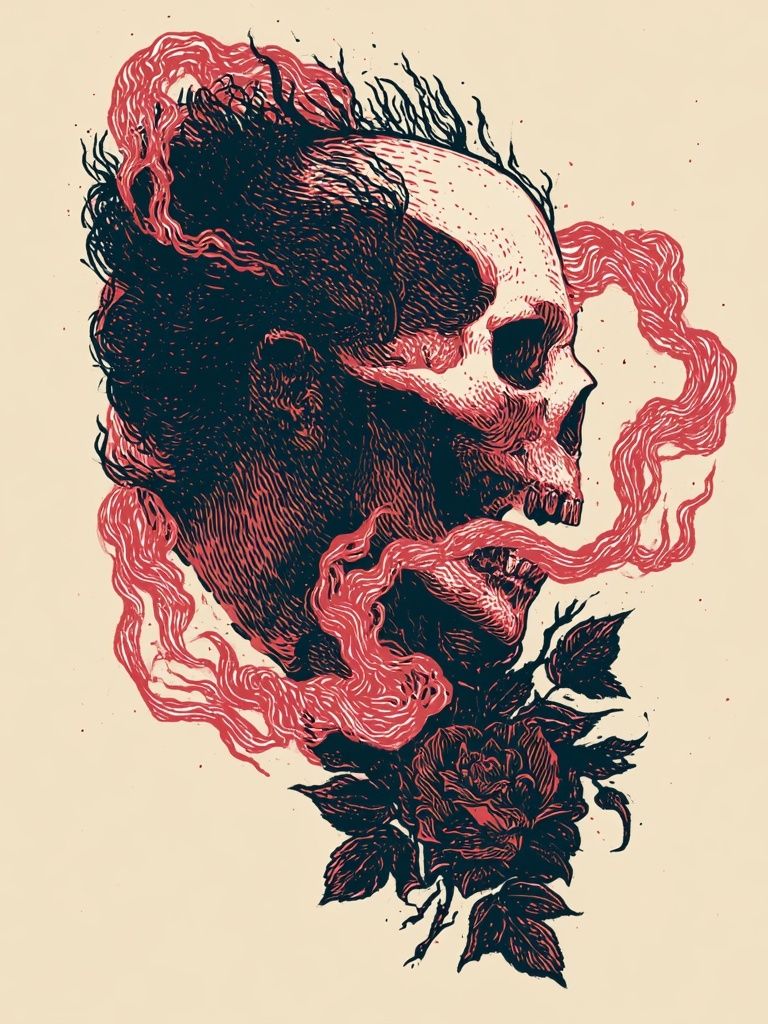 Skull and Rose Ink Print. poster — illustration art