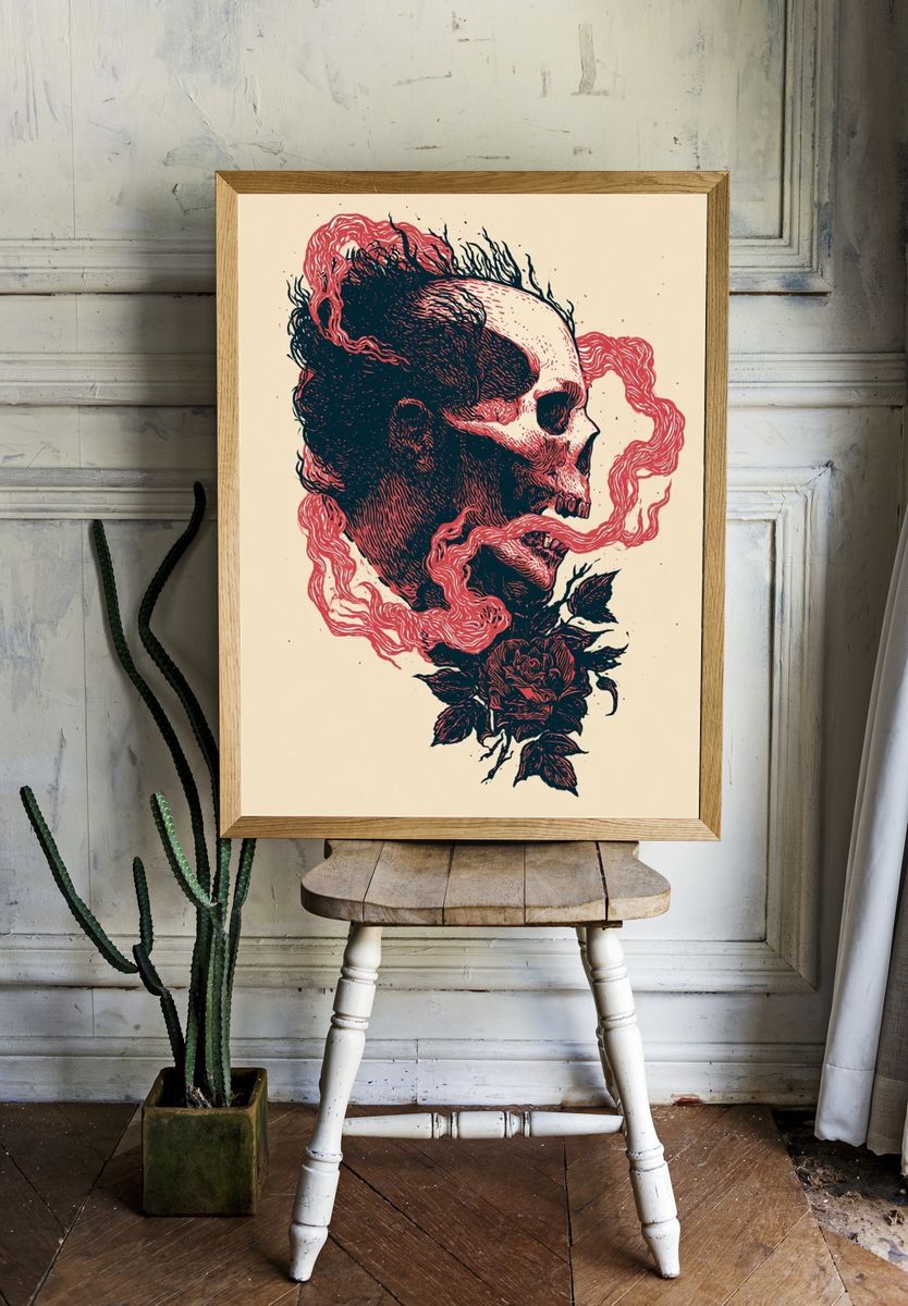 Skull and Rose Ink Print. — room view 1