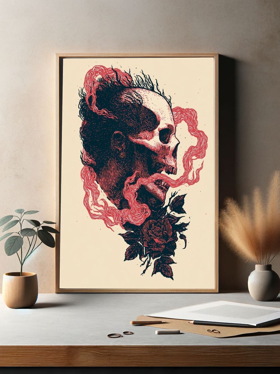 Skull and Rose Ink Print. — room view 2