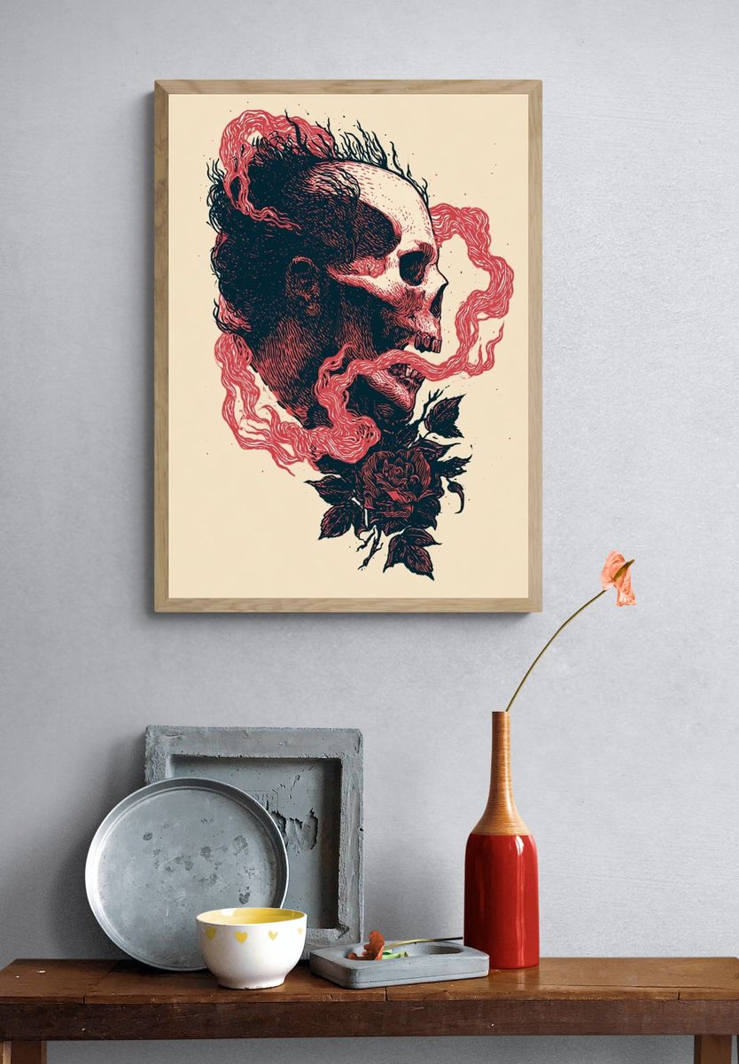 Skull and Rose Ink Print. — room view 3