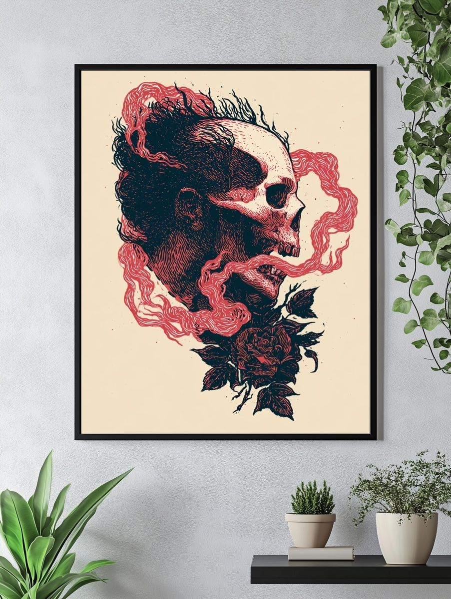 Skull and Rose Ink Print. — room view 4