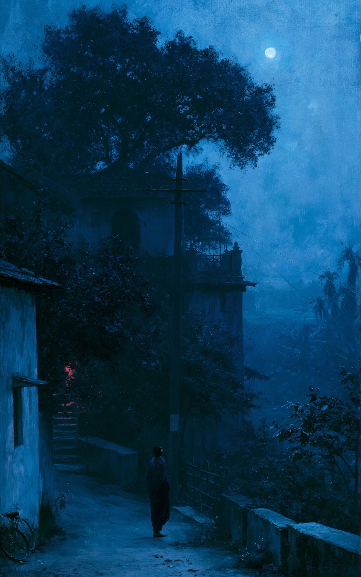 Moonlit Village Path Illustration Poster. poster detail