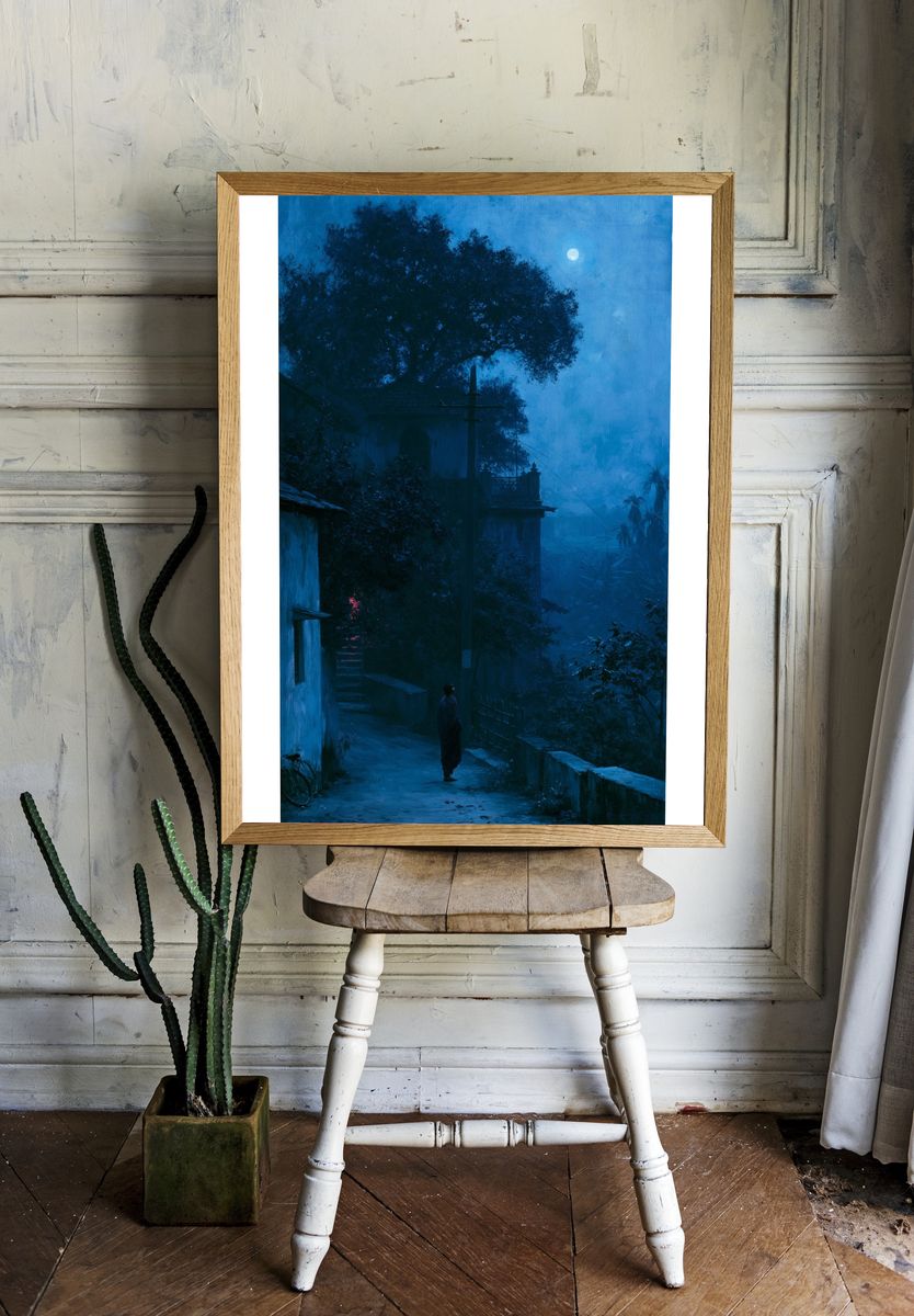 Moonlit Village Path Illustration Poster. room preview