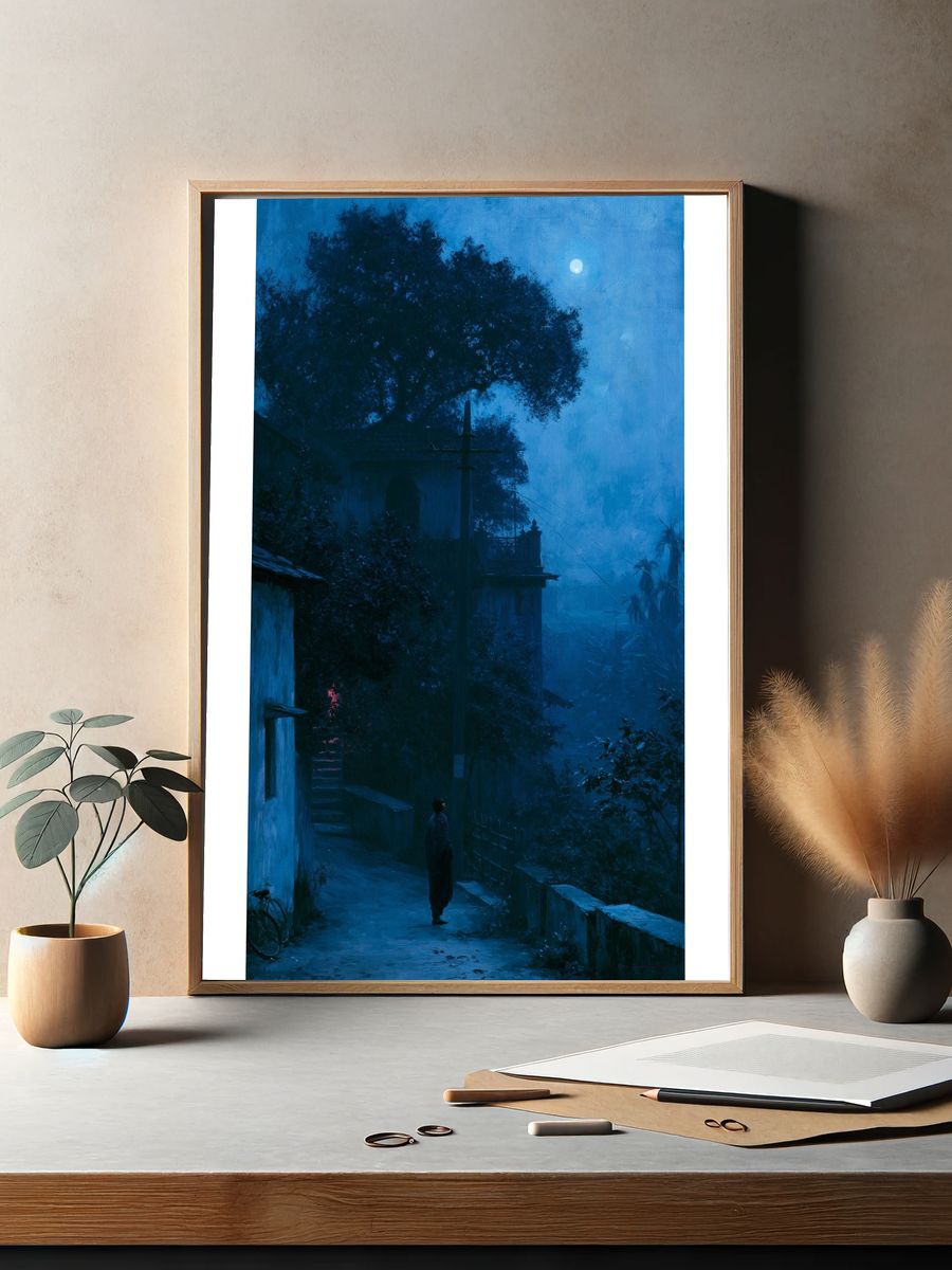 Moonlit Village Path Illustration Poster. — room view 2