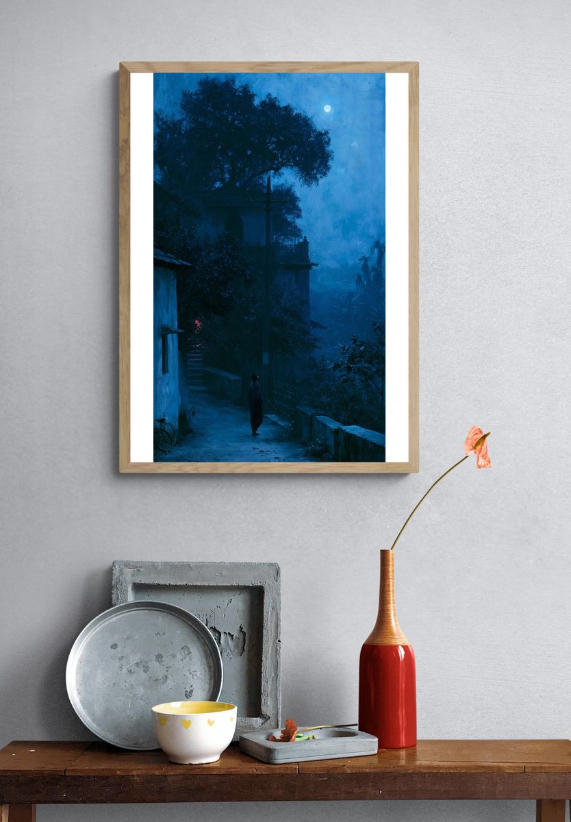 Moonlit Village Path Illustration Poster. — room view 3
