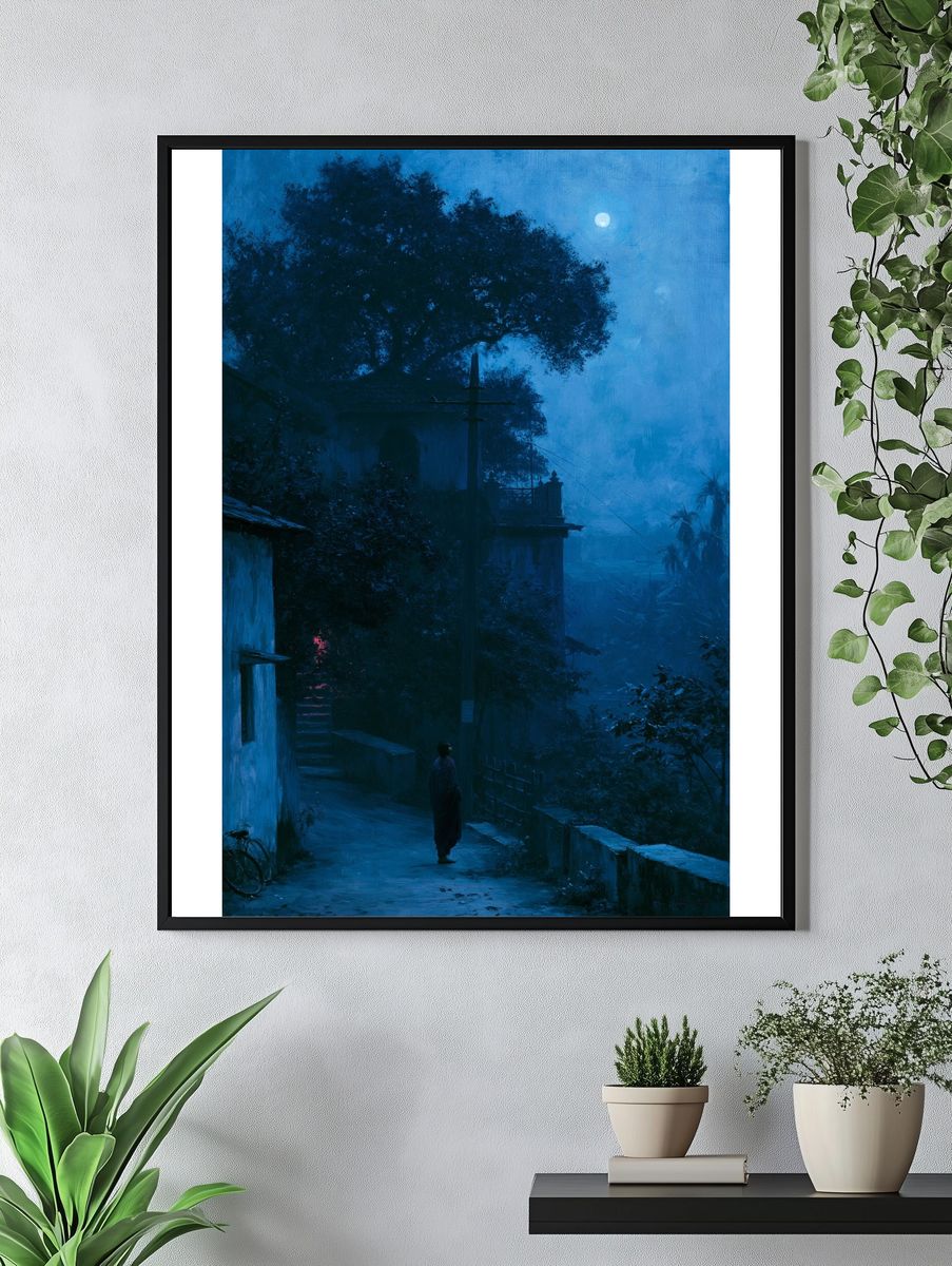 Moonlit Village Path Illustration Poster. — room view 4