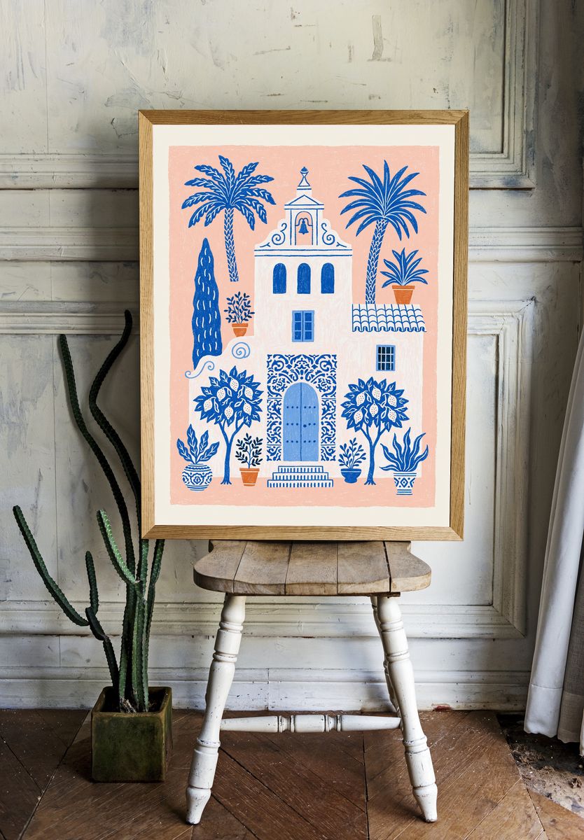 Mediterranean Courtyard Illustration Poster. — room view 1