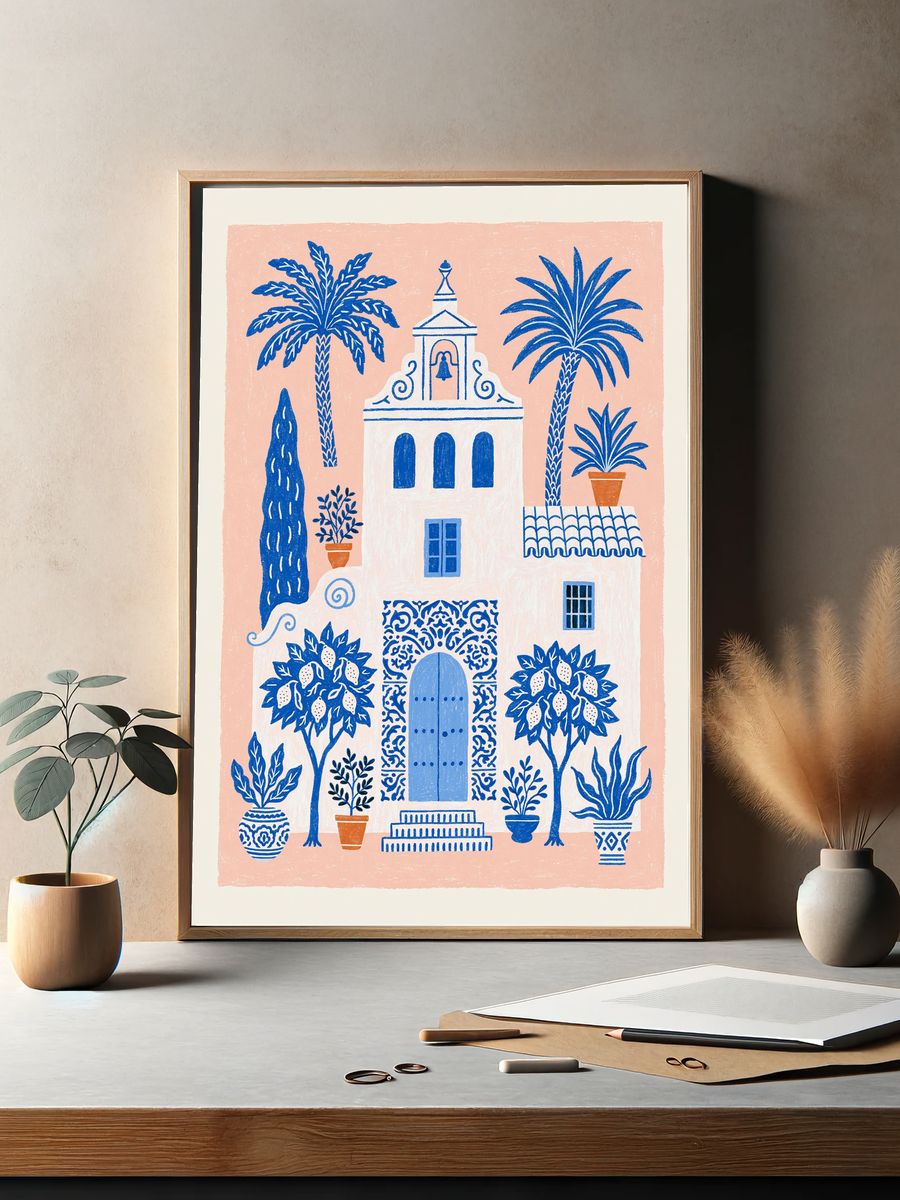 Mediterranean Courtyard Illustration Poster. — room view 2